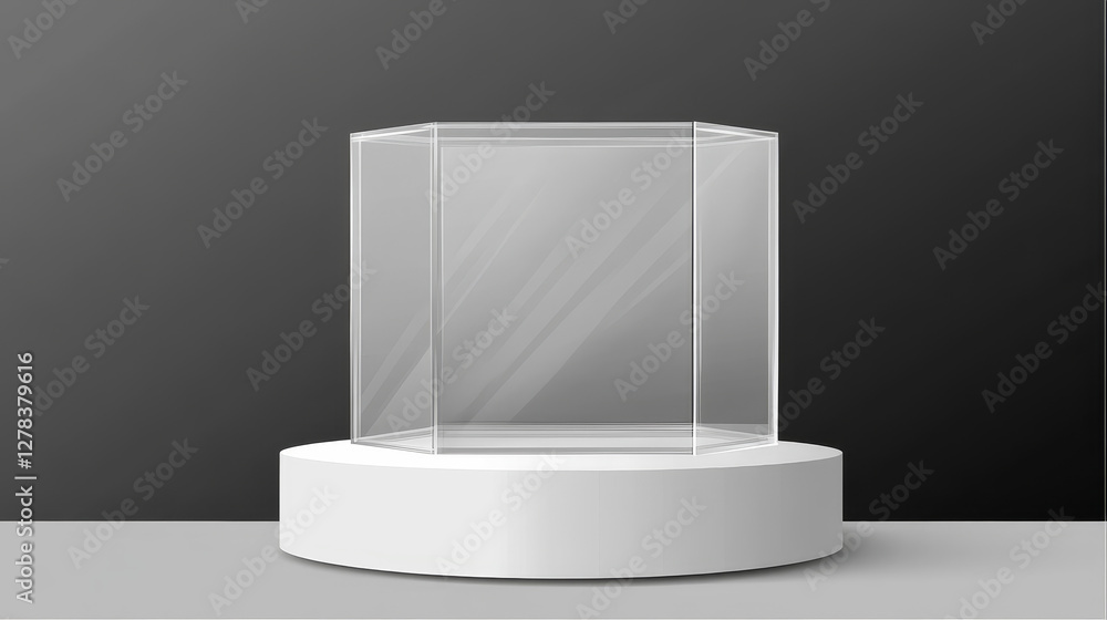 Poster glass cube box on white stand. empty clear square showcase on podium in front and angle view. vector