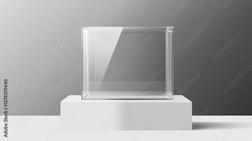 Poster glass cube box on white stand. empty clear square showcase on podium in front and angle view. vector