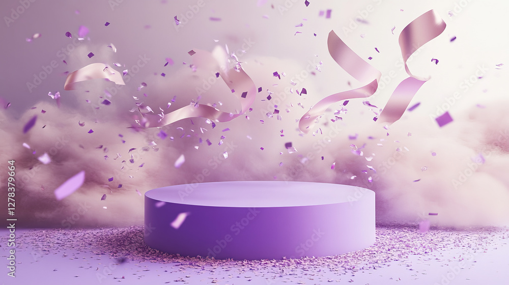 Poster circular podium with flowing ribbons in soft purple color - elegant platform decorated with scattere