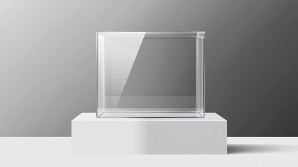 Glass cube box on white stand. Empty clear square showcase on podium in front and angle view. Vector realistic mockup of 3d acrylic or plexiglass box for exhibit isolated on transparent background
