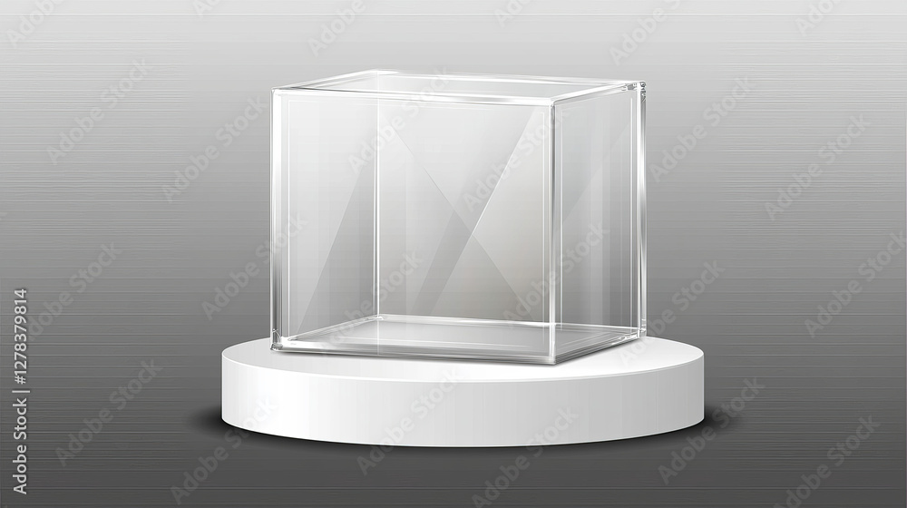 Poster glass cube box on white stand. empty clear square showcase on podium in front and angle view. vector