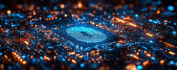 Digital fingerprint illustration on futuristic glowing electronic circuitry background