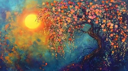 Golden Sunset: The art piece presents a vibrant, surreal depiction of a tree blossoming under the warm glow of a golden sunset, painted with vivid colors.