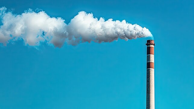 A high-resolution close-up of a smokestack releasing vapor from a thermal power station. Copy space.