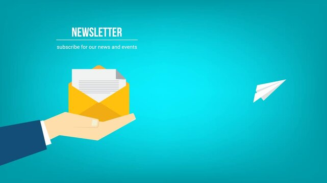 Newsletter. Animated video of email marketing. subscription to newsletter, news, offers, promotions. a letter and envelope. subscribe, submit. send by mail.	