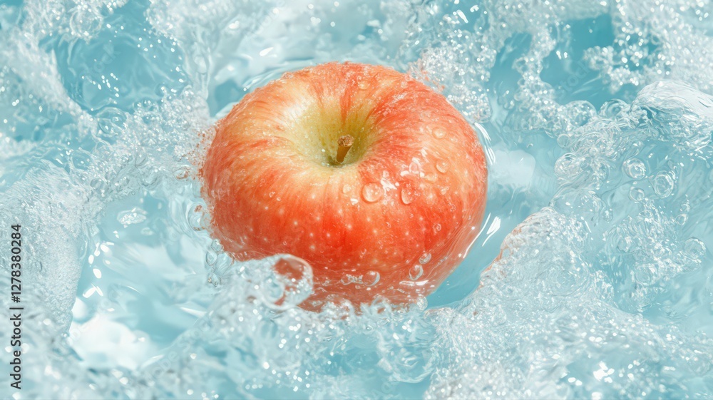 Poster red apple surrounded by clear splashing water creating a fresh and dynamic atmosphere