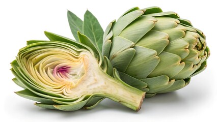 Artichoke's Allure: A close-up shot of fresh artichokes, their green leaves radiating a natural beauty, one artfully cut to reveal the tender heart within.