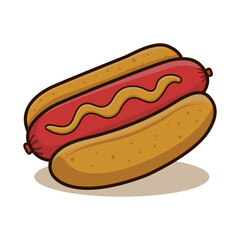 A vector illustration of a classic hot dog with mustard, drawn in a retro cartoon style. Perfect for fast food designs, restaurant menus, and food-related projects