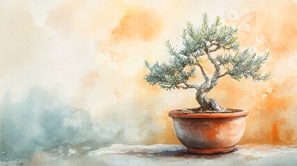 An ethereal watercolor depiction of a dwarf cypress tree in a terracotta pot, tall slender shape, cool toned background, soothing mood 