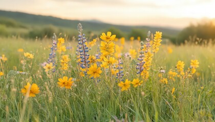Sunlit Wildflower Meadow at Sunset Yellow and Blue Lupines in a Rolling Green Landscape