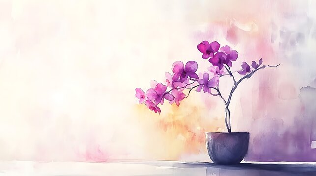 An uplifting watercolor concept of an orchid tree in a sleek pot, delicate purple petals, gentle morning light, minimal surroundings 