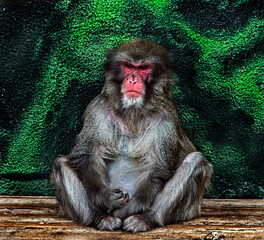Japanese macaque male on the beam. Latin name - Macaca fuscata	