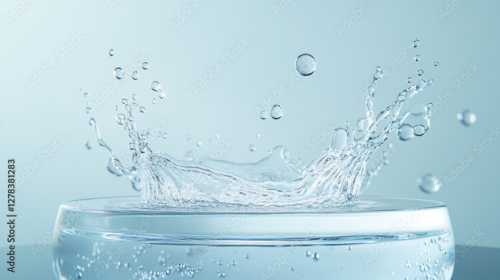 Aufkleber minimalist platform display with dynamic water splash arc. podium surrounded by liquid movement and 
