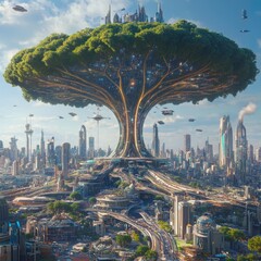 Futuristic metropolis centered around a colossal bio-technological arboreal structure