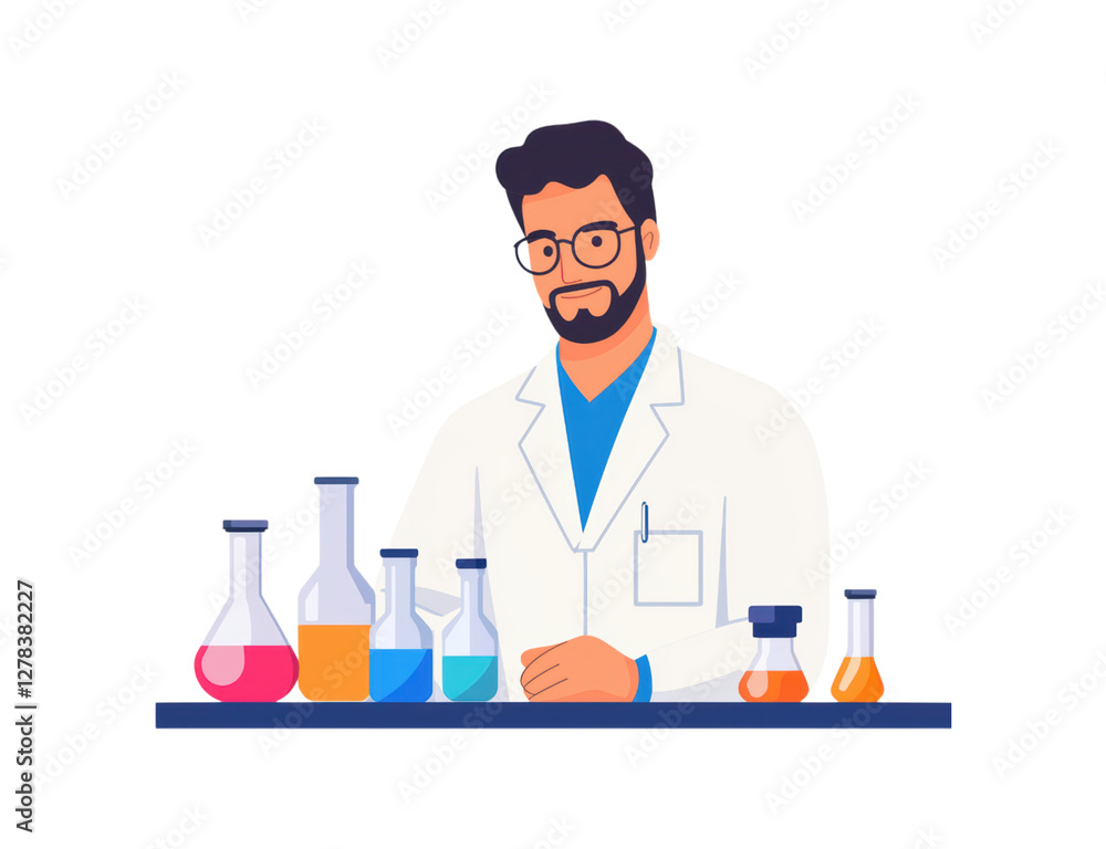 Poster scientist with lab equipment and colorful flasks on a black background isolated transparent backgrou