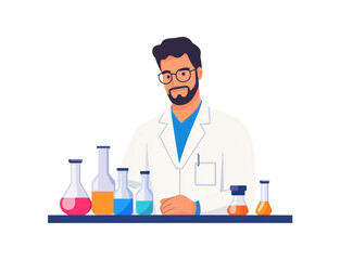 Scientist with lab equipment and colorful flasks on a black background isolated transparent background