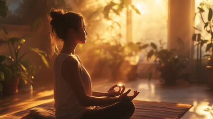 A woman practicing mindfulness meditation in a sunlit room, embracing relaxation, peace, and inner balance for mental well-being.