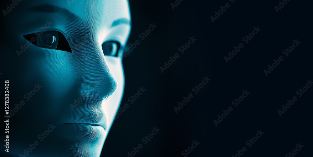 Poster a digital mask floating in front of a human face, symbolizing identity manipulation in the age of de