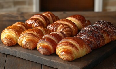 Freshly baked croissants on a wooden platter.