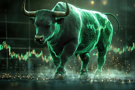 Green holographic charging bull with digital stock market background