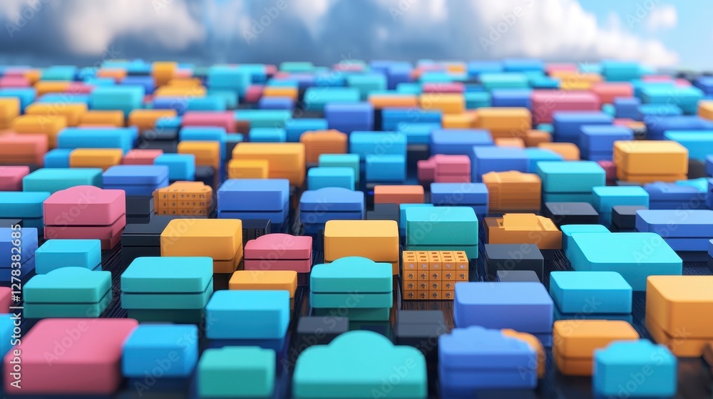 Poster a vibrant array of colorful cloud-shaped blocks scattered across a surface, set against a bright sky