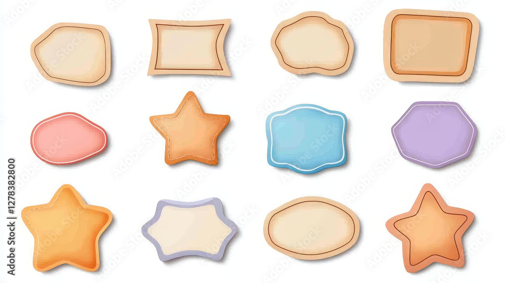 Poster red glued stickers or crumpled paper patches mockup. blank shrunken labels of different shapes round