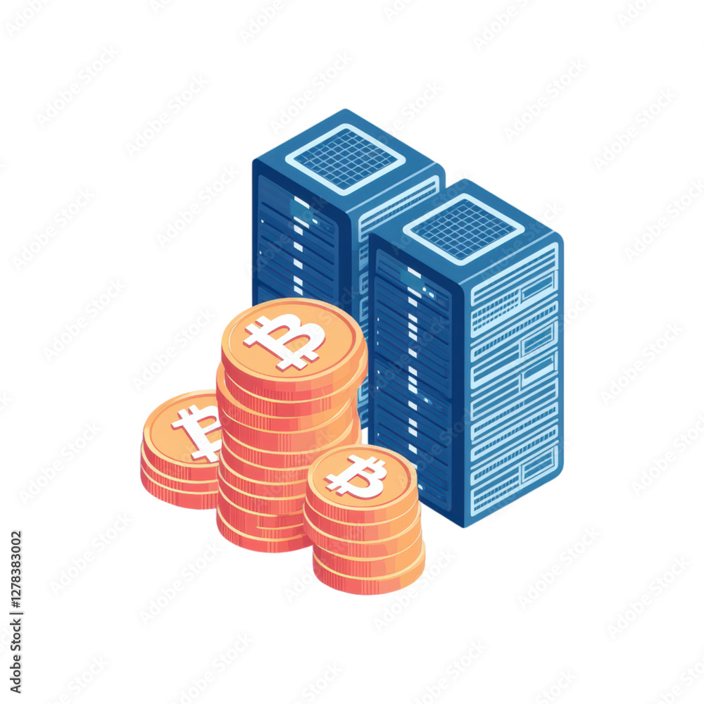 Poster digital currency with stacks of coins and data servers. isolated transparent background