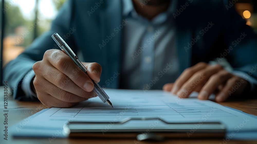 Aufkleber close up view of interviewer s pen hovering over checklist during professional job interview with bu