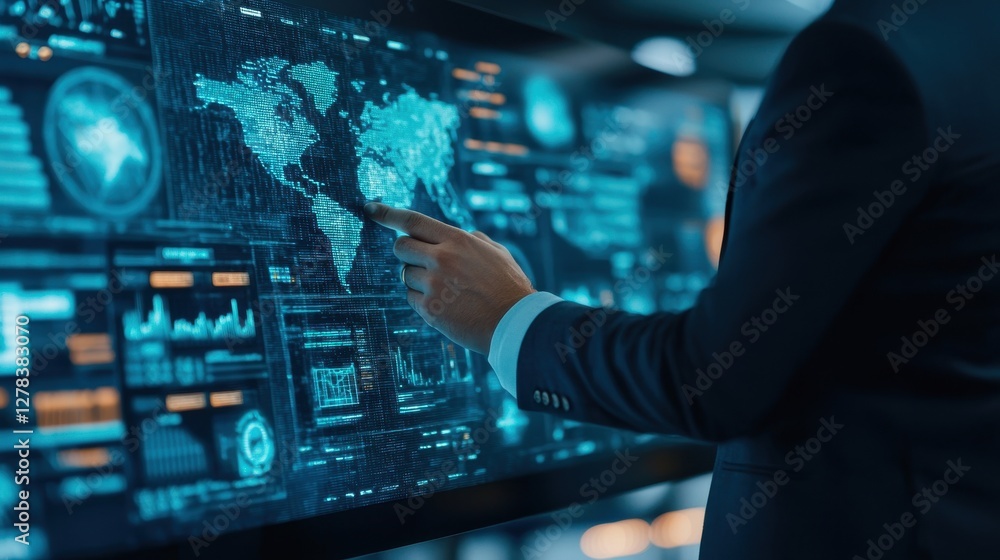 Poster a business professional interacts with a digital map interface, showcasing data analytics and global