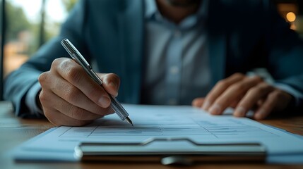Fototapeta premium Close up View of Interviewer s Pen Hovering over Checklist During Professional Job Interview with Businessman in Office Setting Concept of Hiring Recruitment Evaluation