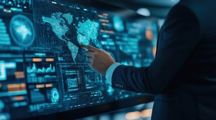 A business professional interacts with a digital map interface, showcasing data analytics and global insights in a modern, high-tech environment.