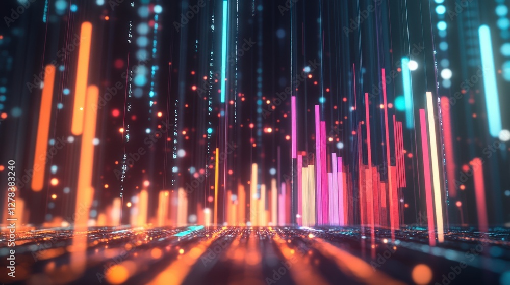 Poster abstract digital landscape with colorful light bars and particles creating a vibrant atmosphere