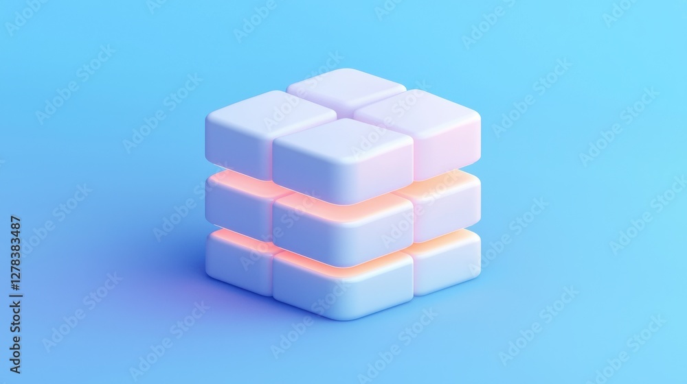 Poster a stylized 3d cube structure with glowing edges, set against a soft blue background, conveying a mod