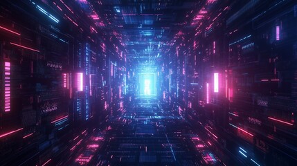 Futuristic glowing digital tunnel with neon lights, representing cyberspace, data flow, and high-tech innovation in a virtual world.
