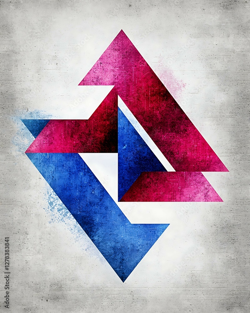 Poster abstract geometric shapes in red, blue, and grey create a visually striking design, emphasizing mode