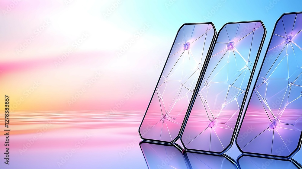 Aufkleber three sleek, futuristic devices with a glowing interface set against a colorful gradient background,