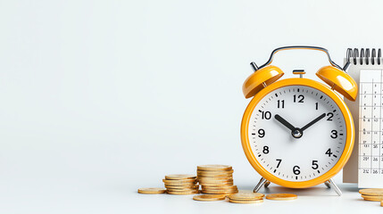 yellow alarm clock sits beside calendar and stack of coins, symbolizing time management and financial planning. scene conveys sense of organization and productivity