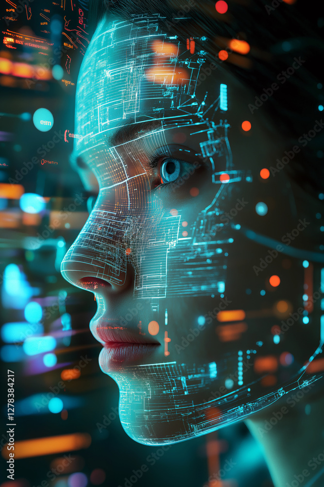 Aufkleber a futuristic digital interface displaying layers of a human face being reconstructed through ai.