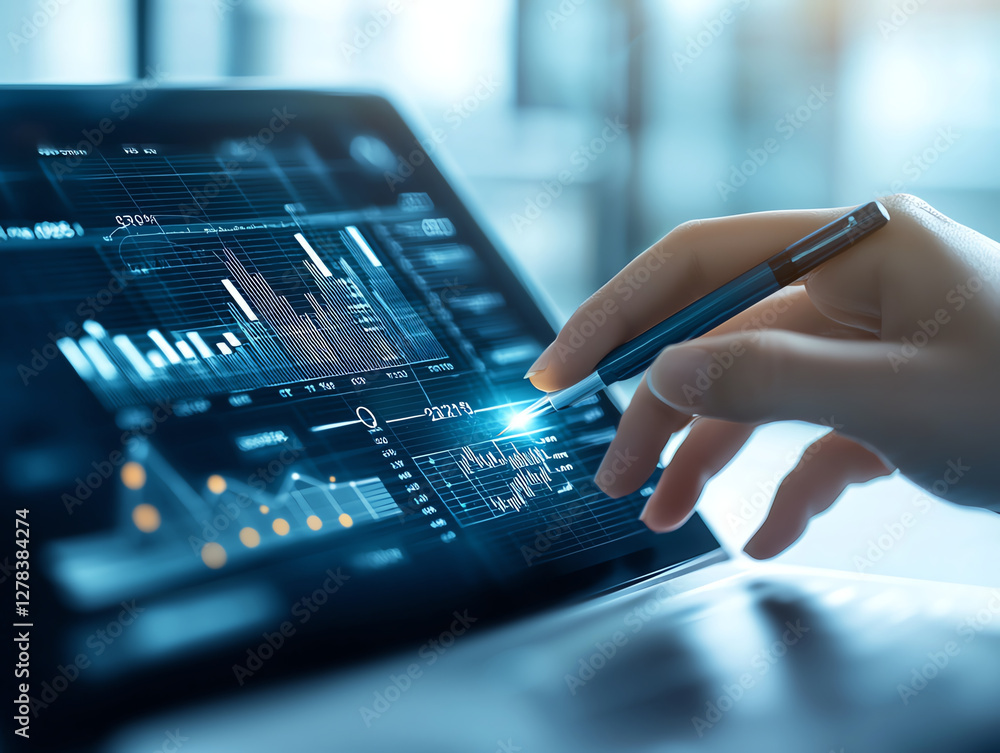 Poster woman using futuristic interface with data graphs on tablet, showcasing advanced technology and anal