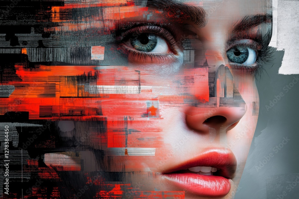 Poster a face composed of overlapping digital layers, each revealing a different identity.