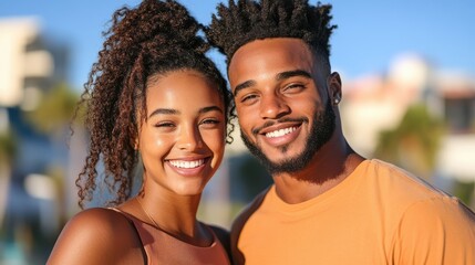 Fototapeta premium Sporty young couple enjoys outdoor exercise under bright blue skies