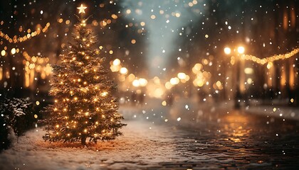 Snowy Christmas tree, city street, night