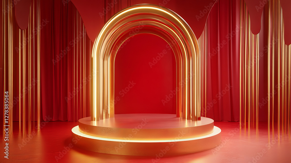 Poster luxury display with cylinder platform and golden circular arches. elegant minimalist setup with red 