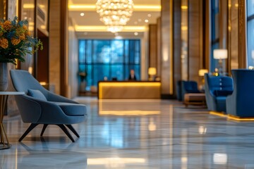 Elegant hotel lobby featuring plush seating, refined design elements, contemporary furnishings creating upscale welcome environment