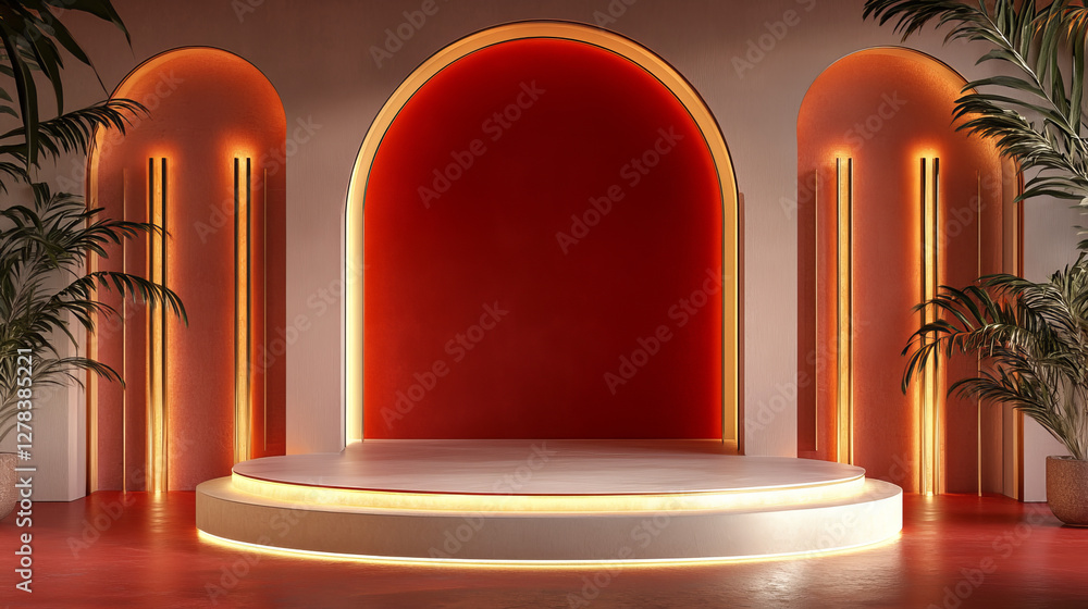 Poster luxury display with cylinder platform and golden circular arches. elegant minimalist setup with red 