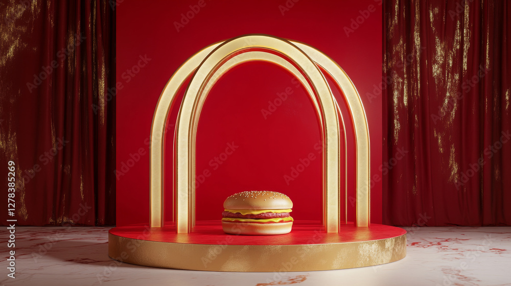 Poster luxury display with cylinder platform and golden circular arches. elegant minimalist setup with red 