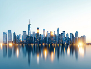 Fototapeta premium Stunning panoramic view of Manhattan illuminated skyline reflecting on water, showcasing modern architecture and vibrant city lights at dusk