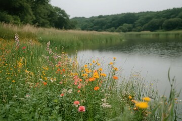 Vibrant Wildflowers Blooming by a Serene Lake Under an Overcast Sky
