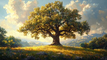 Fototapeta premium Majestic oak tree standing tall in serene landscape during golden hour nature photography outdoor serenity