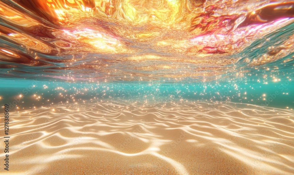 Poster underwater sandy seabed with sparkling light rays and surface reflections